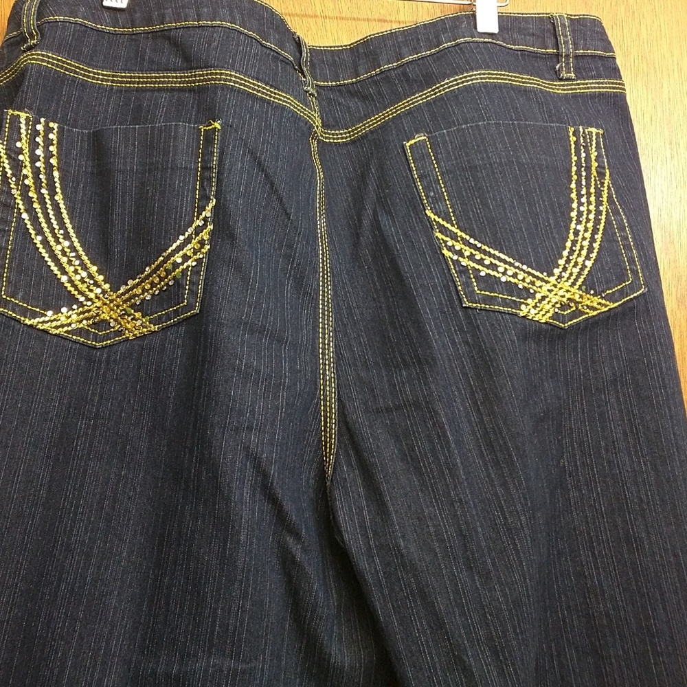 Plus size dark wash jeans gold thread crystal back